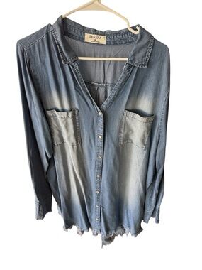 Raw edge snap button denim shirt 1X